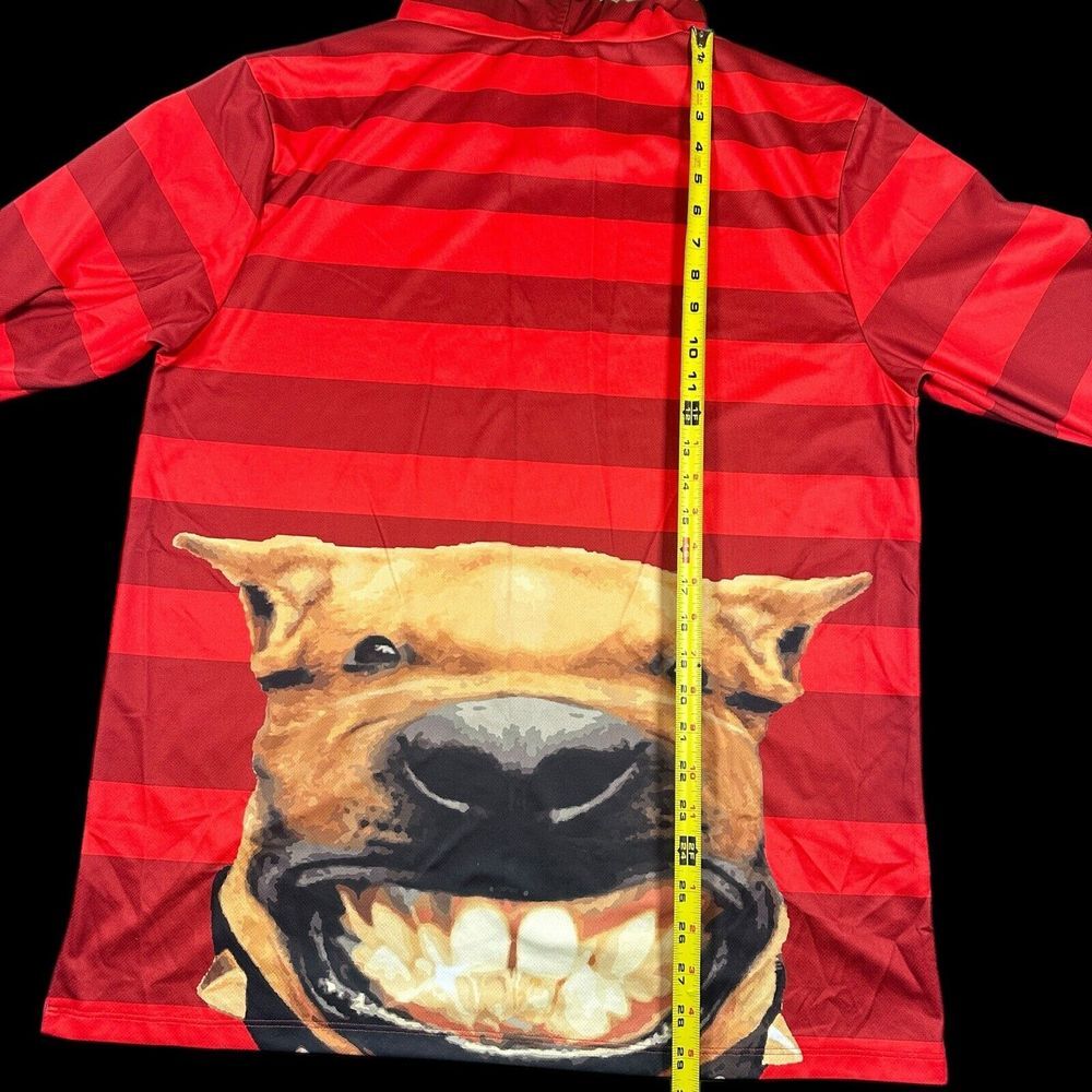 Men's XL Light Wt Red Striped Ludicrous Hooded Long Sleeved Shirt Smiling Dog - Picture 6 of 10